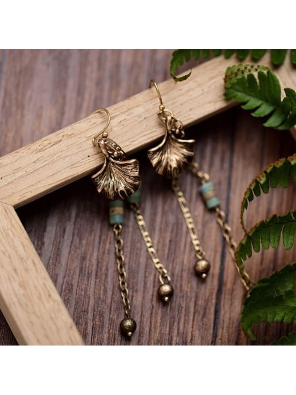 Amazonite Gold Leaf Dangle Chain Earrings Artisan Hand Crafted New